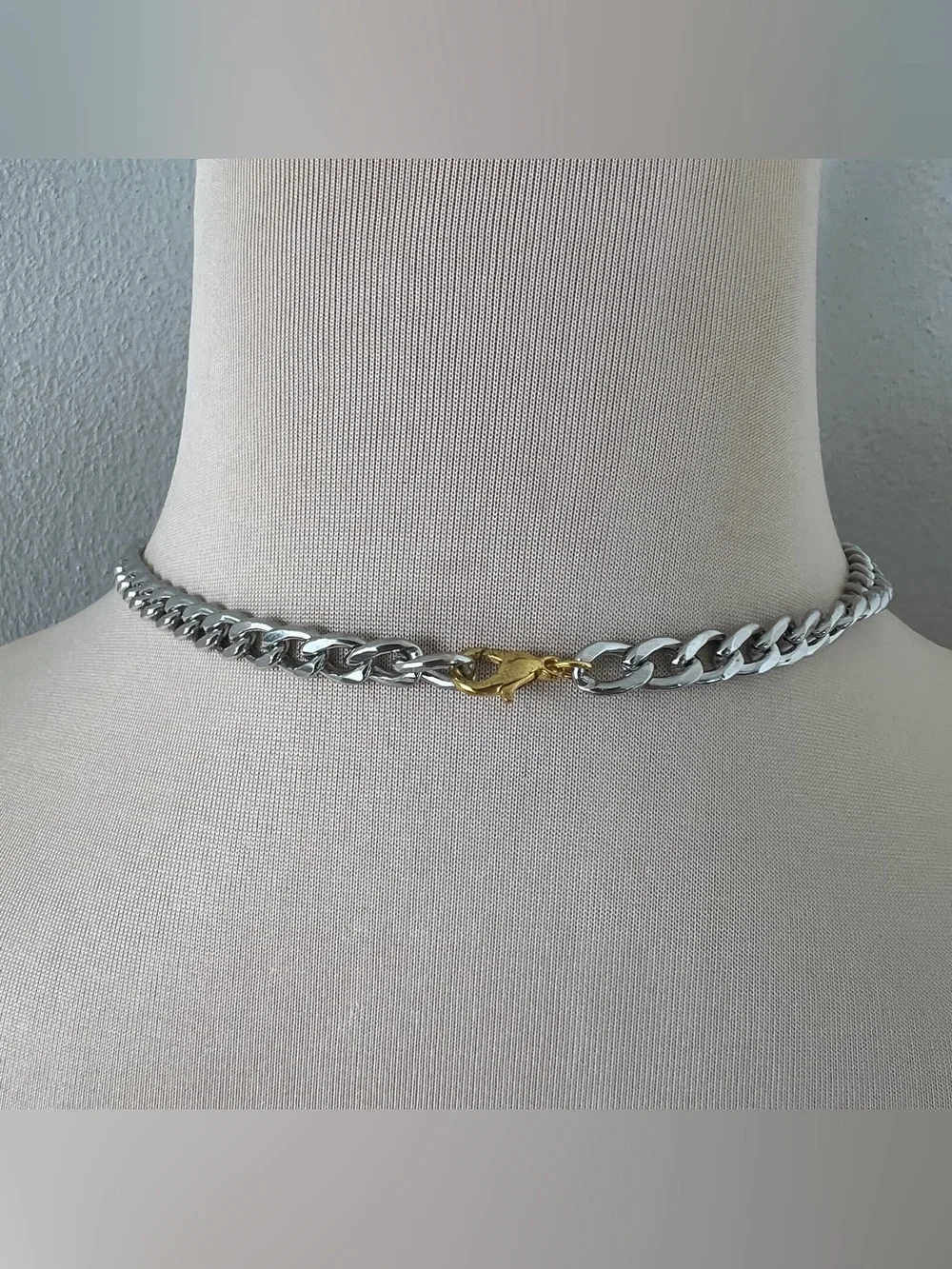 Custom Vintage Two-tone Ferragamo Necklace Silver Gold Curb Chain Choker | 15”